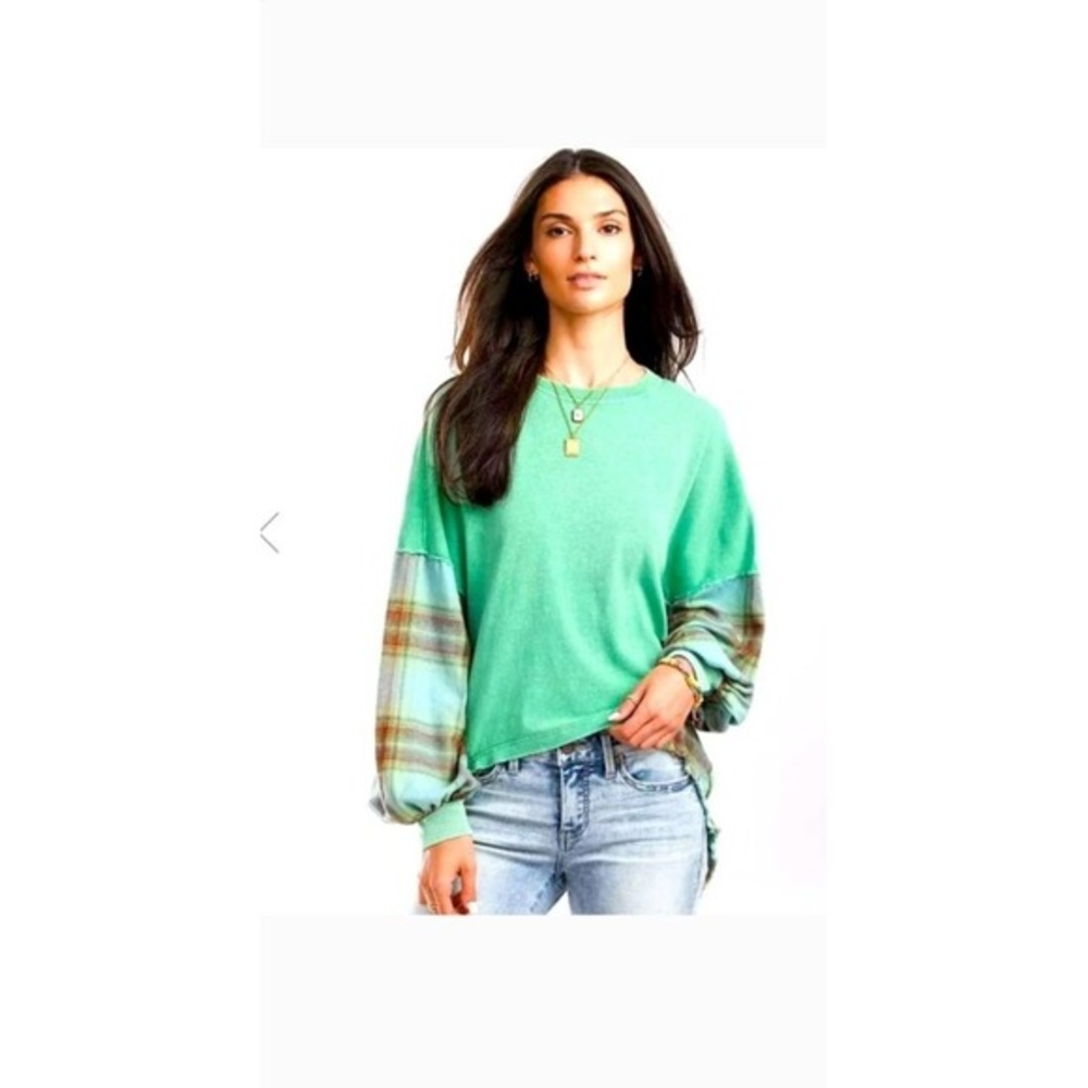 Free People Miley washed pullover top‎ Oversized large green plaid